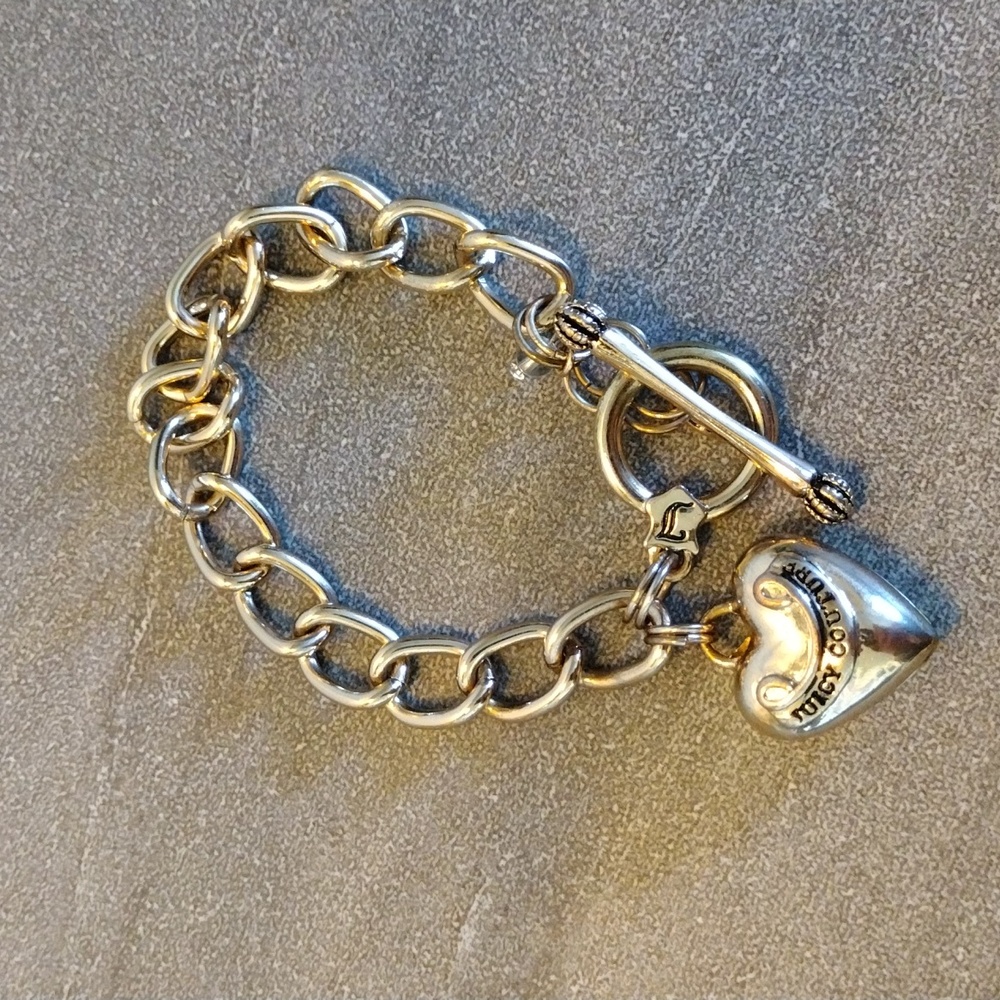Juicy Couture Golden Puffed Heart Charm Bracelet 7" Gold Tone Toggle Clasp